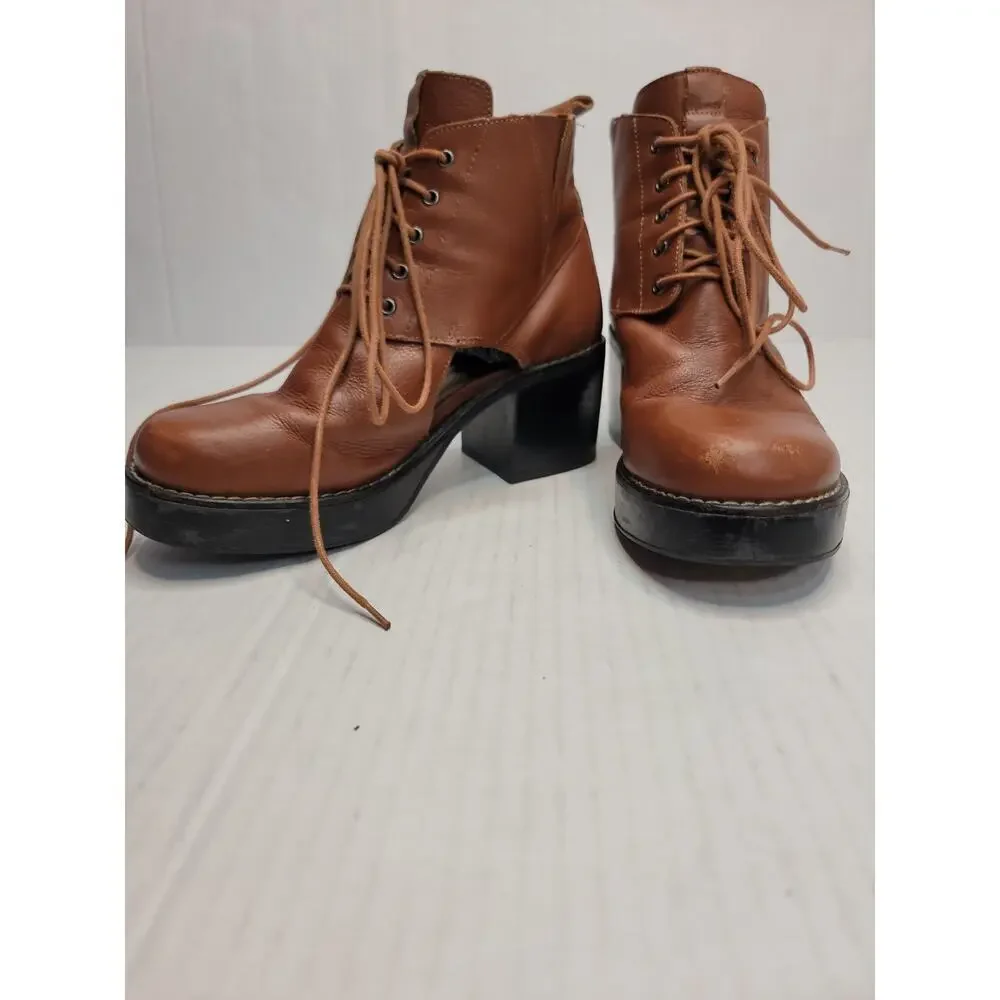 TopShop Booties Sz. 37 6.5 Chunky Heel Cutout Ankle Boots Leather Tan Lace Up